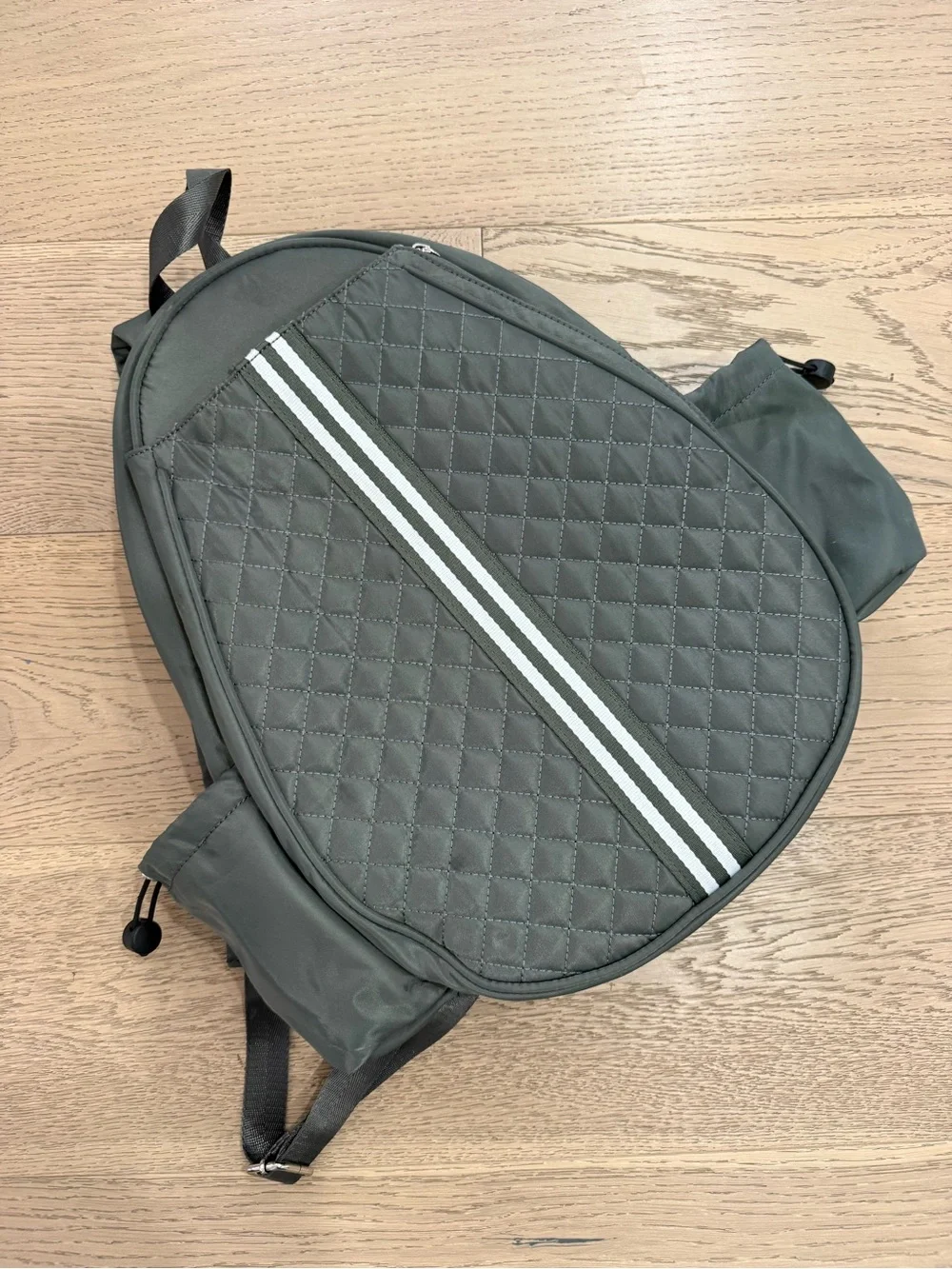 Women’s Quilted Olive Green Tennis Backpack with Contrast Stripe